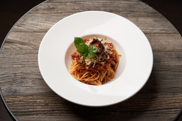 Pasta Fettuccine Bolognese on table. Italian spaghetti pasta