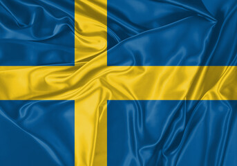 Sweden flag waving in the wind. National flag on satin cloth surface texture. Background for international concept.