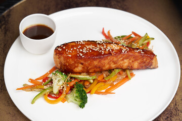 Teriyaki salmon on white plate. Salmon Teriyaki
