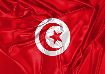 Tunisia flag waving in the wind. National flag on satin cloth surface texture. Background for international concept.