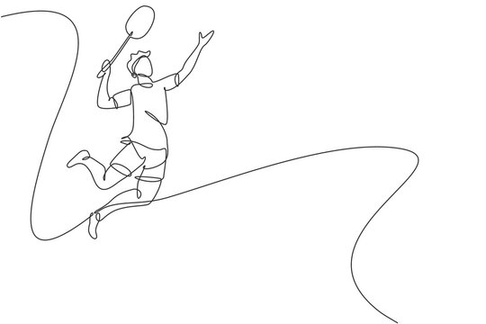 recommend clip art: Single continuous line drawing of young agile badminton player jump and smash the ball. Sport exercise concept. Trendy one line draw design vector illustration for badminton tournament publication