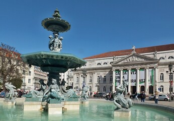 Naklejka premium Praca Dom Pedro IV with national theater, Lisbon - Portugal