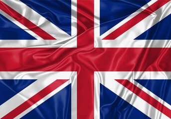 United Kingdom flag waving in the wind. National flag on satin cloth surface texture. Background for international concept.