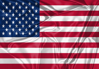 Fototapeta premium United States flag waving in the wind. National flag on satin cloth surface texture. Background for international concept.