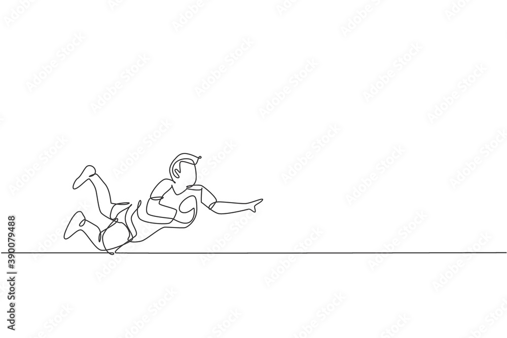 Poster single continuous line drawing of young agile rugby player jumping to catch the ball. competitive sp