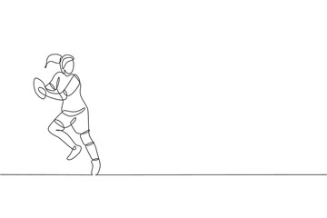One single line drawing of young energetic rugby player holding the ball and avoid opponent vector illustration. Healthy sport concept. Modern continuous line draw design for rugby tournament poster