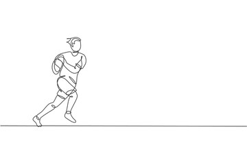 One single line drawing of young energetic rugby player running and holding the ball vector graphic illustration. Healthy sport concept. Modern continuous line draw design for rugby tournament banner