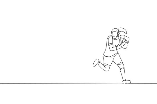 Single continuous line drawing young agile female rugby player holding the ball. Competitive sport concept. Trendy one line draw graphic design vector illustration for rugby tournament promotion media - Powered by Adobe
