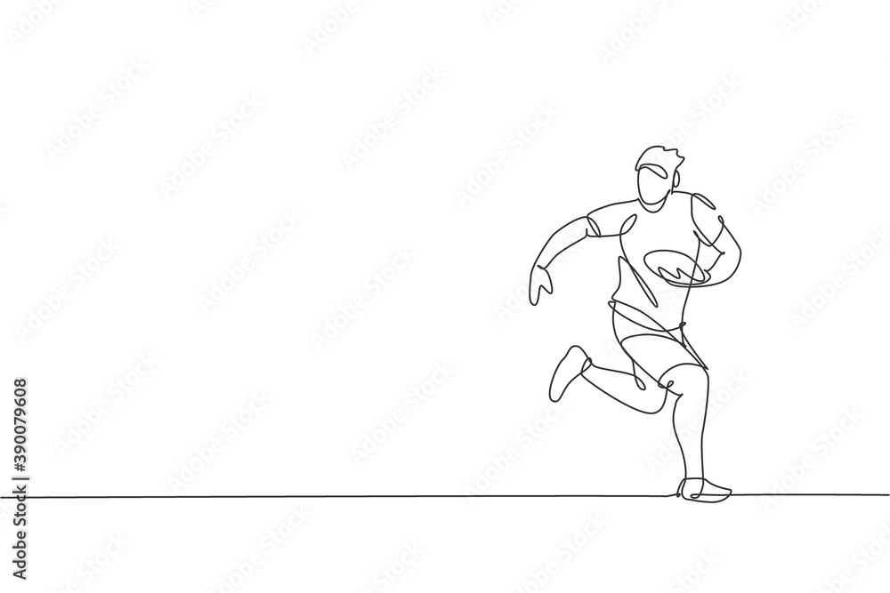 Poster single continuous line drawing of young agile rugby player running and holding the ball. competitive