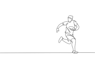 Single continuous line drawing of young agile rugby player running and holding the ball. Competitive sport concept. Trendy one line draw design vector illustration for rugby tournament promotion media - obrazy, fototapety, plakaty