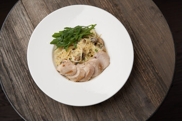 Pasta fettuccine with mushrooms and chicken