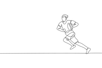 One single line drawing of young energetic male rugby player running and holding the  ball vector illustration. Healthy sport concept. Modern continuous line draw design for rugby tournament banner