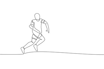 Single continuous line drawing of young agile rugby player running to catch the ball. Competitive sport concept. Trendy one line draw design vector illustration for rugby tournament promotion media