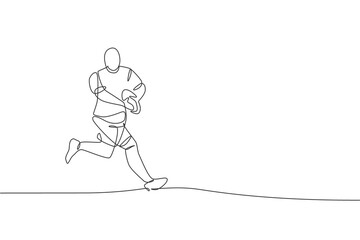 Fototapeta premium One continuous line drawing of young strong male rugby player catch the ball. Competitive aggressive sport concept. Dynamic single line draw design vector illustration for tournament promotion poster