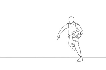 Single continuous line drawing of young healthy basketball player dribbling a ball. Competitive sport concept. Trendy one line draw design vector illustration for basketball tournament promotion media
