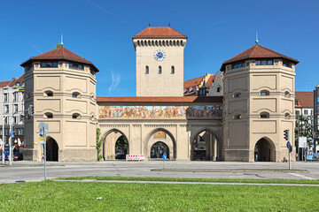 Fototapeta premium Isartor - the one of the main gates of the medieval city wall of Munich, Germany. It was constructed in 1337. The gate is located close to the Isar and was named after the river.