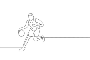 One continuous line drawing of young basketball player practicing and training at court field. Team sport concept. Dynamic single line draw design vector illustration for championship match poster