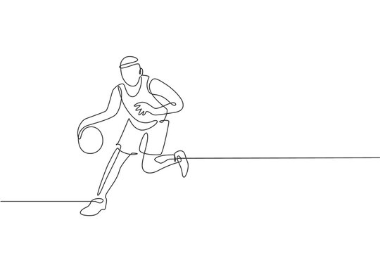 One continuous line drawing of young basketball player practicing and training at court field. Team sport concept. Dynamic single line draw design vector illustration for championship match poster