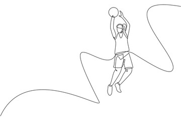 One single line drawing of young energetic basketball player jumping and shooting ball vector illustration. Healthy sport concept. Modern continuous line draw design for basketball tournament banner