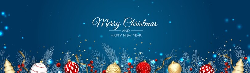 Christmas vector background. Creative design greeting card, banner, poster. Top view xmas decoration balls and snowflakes.