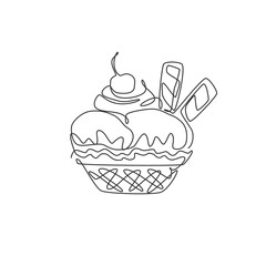 Single continuous line drawing of stylized ice cream cup with cherry topping logo label. Sweet frozen dessert concept. Modern one line draw design vector graphic illustration for snack cafe shop