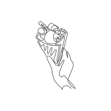 recommend clip art: One single line drawing of fresh delicious crispy crepes with wafer stick on hand vector illustration. Sweet snack fast food cafe menu and restaurant badge concept. Modern continuous line draw design