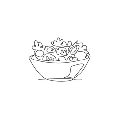 Single continuous line drawing of stylized vegetables salad on bowl logo label. Healthy food restaurant concept. Modern one line draw design vector illustration for cafe, shop or food delivery service