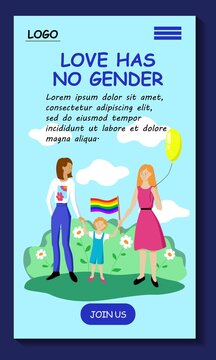 Love Has No Gender. Lgbt Community Mobile App Template. A Couple Of Lesbian Parents With A Child And A Rainbow Flag During A Gay Rights Parade. Stock Vector Flat Illustration