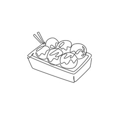 One single line drawing of fresh Japanese takoyaki ball logo vector illustration graphic. Seafood cafe menu and restaurant badge concept. Modern continuous line draw design street food logotype