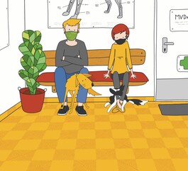 Illustration of people waiting in veterinary waiting room with dogs. People wear cloth face mask as a prevention against coronavirus.