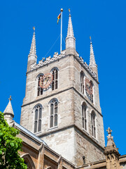 Obraz premium Southwark Cathedral at London Bridge London England UK built around 666AD rebuilt in a Norman Gothic style in 1206AD and is a popular travel destination tourist attraction landmark, stock photo image