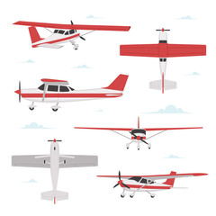 Propeller plane in different views. Small light aircraft with single engine - 390081215