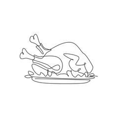 One single line drawing of fresh delicious roasted turkey graphic vector illustration. Typical food menu for holiday celebration festival concept. Modern continuous line draw design logotype