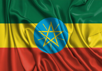Ethiopia , national flag on fabric texture. International relationship.