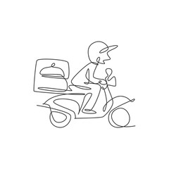 Single continuous line drawing young man driving motorcycle carrying box for food delivery service logo label. Restaurant food delivery concept. Modern one line draw design vector illustration