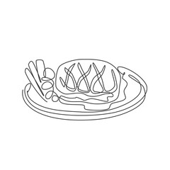 One continuous line drawing of fresh juicy delicious beef steak on hot plate. Steak restaurant template concept. Modern single line draw design graphic vector illustration
