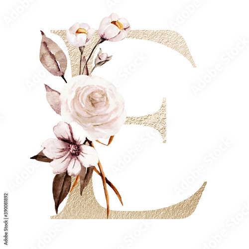 floral alphabet letter e with watercolor flowers and leaf gold monogram initials perfectly for wedding invitations greeting card logo poster and other design holiday design hand painting canvas print larisa