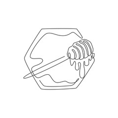 One single line drawing of fresh sweet honey on wooden dipper dripped from honeycomb vector graphic illustration. Organic natural food concept. Modern continuous line draw healthy supplement design
