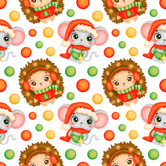 Cute cartoon Christmas animals seamless pattern. Christmas hedgehog and mouse pattern.