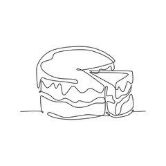 One continuous line drawing of fresh delicious birthday with sliced cut cake tart art. Sweet decorative pastry concept. Modern single line draw design vector illustration graphic