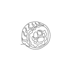 One continuous line drawing of fresh delicious Japanese sushi maki bar restaurant logo emblem. Japan seafood cafe shop logotype template concept. Modern single line draw design vector illustration © Simple Line