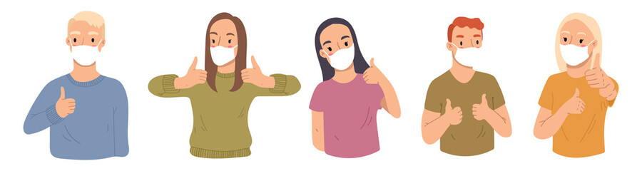 Collection of young woman and man showing thumbs up,like with face mask to protect against the virus isolated on white background. Vector hand drawn illustratrion. Cartoon style,flat design.