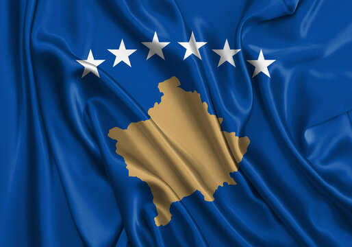 Kosovo , national flag on fabric texture. International relationship.