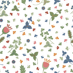 Floral seamless vector pattern from simple wildflowers, twigs and leaves on a white background. Colorful illustration in a flat style.