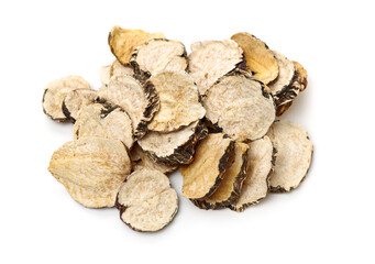 Peruvian ginseng or maca Lepidium meyenii, dried root and pow ，slice on a white background