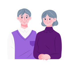 Laughing elderly couple. Grandmother and grandfather portrait illustrations.