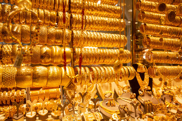 Glamorous golden bracelet selling in grand bazaar market.