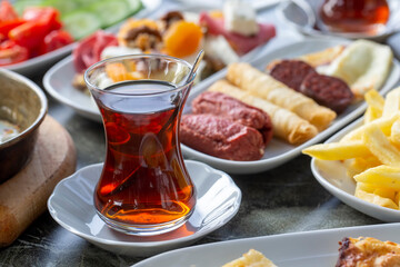 Traditional delicious Turkish breakfast. Food concept photo.