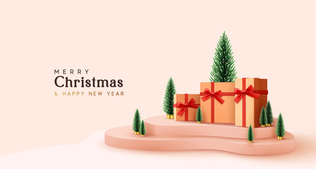 Christmas gifts on delivery podium realistic 3d objects. Xmas decorative composition. Gift card, holiday banner, poster, cover, flyer, bright brochure. Holiday winter design. New Year gifts surprise