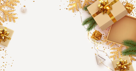 Christmas and New Year's gift composition. Empty Open gift box template. Xmas design Realistic decorative object. Sale banner, surprise poster, flyer and brochure. mock up holiday. Vector illustration